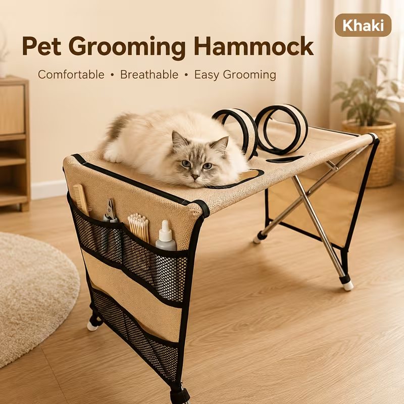 Cat resting on the khaki hammock
