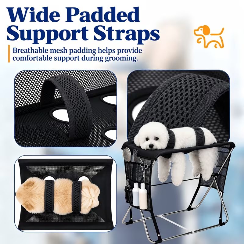 Wide padded support straps on the grooming hammock